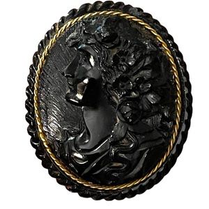 Antique Large Black Mourning JET Carved? Cameo with Gold band